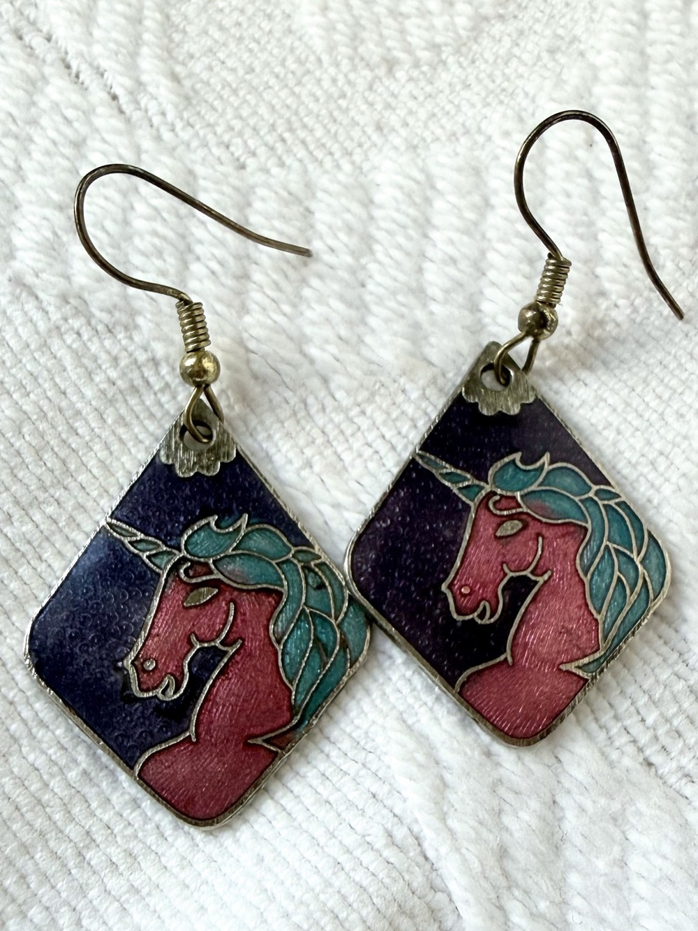 80s Cloisonne Unicorn vintage Dangle Earrings